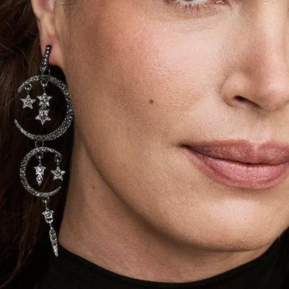MOON STATEMENT LONG DANGLE DROP EARRINGS - Picture 3 of 3